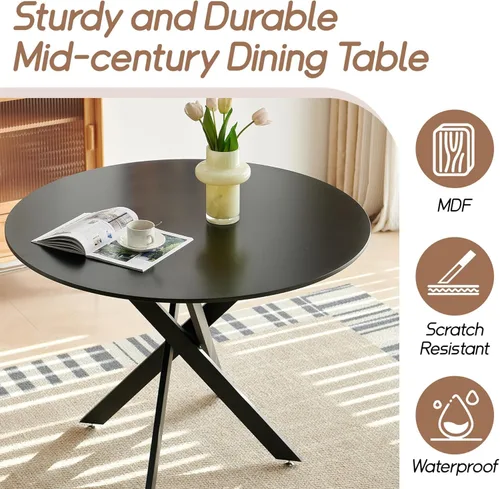 Vista 6 de Moderno juego de mesa de comedor redonda de 3 piezas, mesa de MDF circular negra y 2 sillas de comedor negras Boucle, muebles de cocina con marco