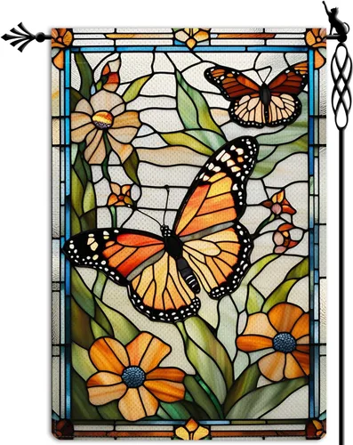 Vista 8 de Bandera de jardín de mariposa para primavera y verano, floral, bandera de jardín, vertical, de doble cara, rústica, arpillera, patio, césped