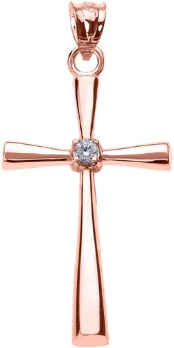 Vista 2 de Religious Jewelry by FDJ Collar con colgante de cruz acentuada con diamante solitario de oro rosa de 14 quilates (color K-M, claridad promocional)