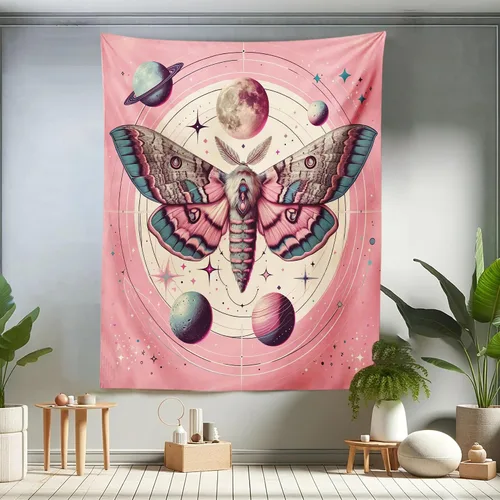Vista 56 de Ambesonne Tapiz bohemio, diseño floral de bruja, luna y mariposa con adornos de mandala, decoración de tela para colgar en la pared para dormitorio
