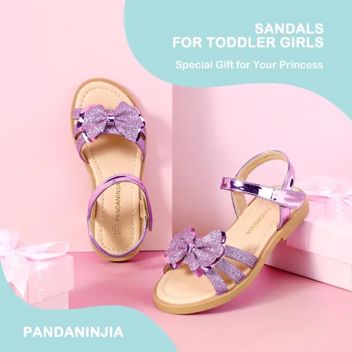 Vista 6 de PANDANINJIA Sandalias para niñas, puntera abierta, bonitos zapatos planos de princesa para niñas, zapatos de vestir brillantes de verano para bebés
