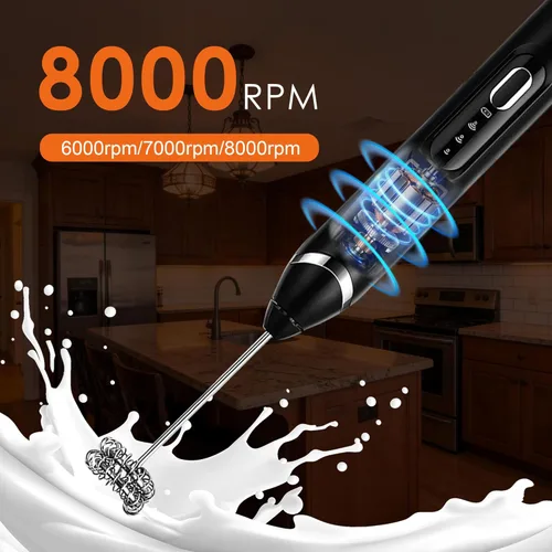 Vista 4 de Espumador de leche de mano con soporte, varita espumadora de café recargable con 3 cabezales desmontables de acero inoxidable, mezclador eléctrico