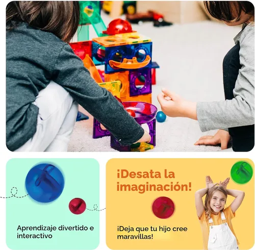 Vista 3 de PicassoTiles - Juego de pista de canicas magnéticas de 100 piezas con azulejos de pista de carreras, embudos, pendientes curvas y bolas de acero