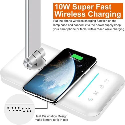 Vista 3 de AFROG - Lámpara LED de escritorio multifuncional con cargador inalámbrico, puerto de carga USB, 5 modos de iluminación, 5 niveles de brillo, control
