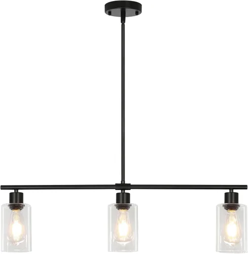 Vista 9 de Iluminación de isla de cocina, 3 luces negras para comedor, lámpara de araña lineal moderna con pantalla de vidrio transparente, 31 pulgadas