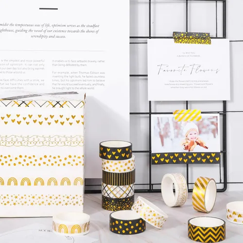 Vista 5 de Whaline Juego de 12 rollos de cinta washi con patrón de lámina dorada, cinta adhesiva con corazón, punto, raya arcoíris, juego de cintas decorativas