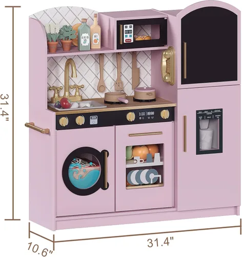 Vista 2 de Treocho Juego de cocina para niños, juego de cocina de madera para niños pequeños con almacenamiento, cocina de juguete de diseño moderno con grifo