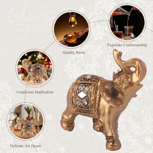 Vista 6 de Estatua de elefante, figura de elefante de la suerte de Feng Shui, escultura elegante dorada, decoración del hogar de resina pequeña, figura