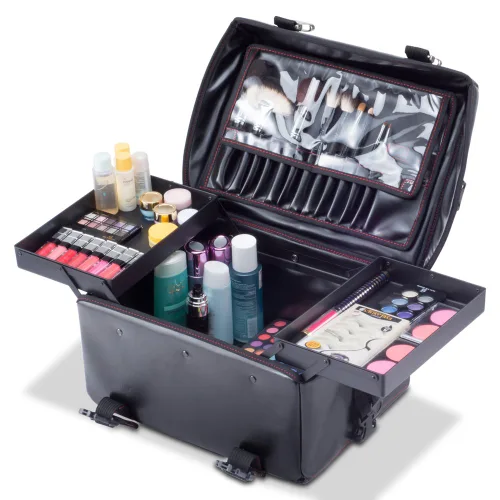 Vista 5 de Maquillador profesional 2 en 1 Rolling Maquillaje Tren Estuche Organizador Cosmético Carro Suave con Cajones de Almacenamiento y Hebillas de Metal