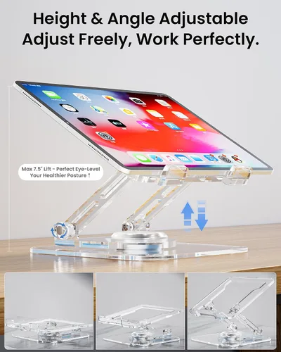 Vista 4 de Soporte para computadora portátil para escritorio, elevador acrílico transparente ajustable y plegable con base giratoria de 360°, soporte