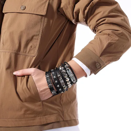 Vista 4 de MILAKOO Juego de pulseras punk de piel sintética para mujeres y hombres, remaches tachonados, calavera y estrella, pulseras para accesorios