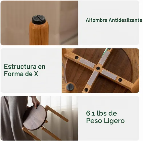 Vista 4 de Taburete apilable de roble, soporte pequeño para plantas, taburete redondo de madera para comedor, sala de estar, entrada, aula, escuela, 15.4 x