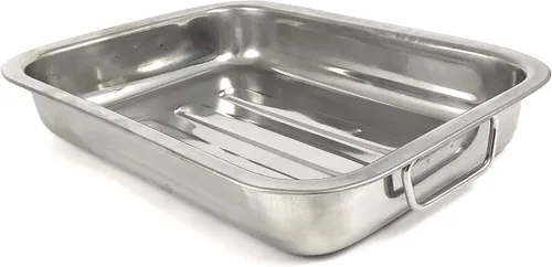 Vista 2 de Tredoni Bandeja rectangular de acero inoxidable para hornear profunda de 10 pulgadas, dos asas plegables, para asar pollo, lasaña para hornear