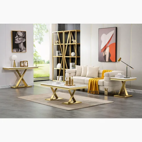 Vista 5 de ACEDÉCOR Mesa de centro dorada, mesa central de lujo para sala de estar con mesa blanca y base en X pulida dorada, mesa de té rectangular para sala