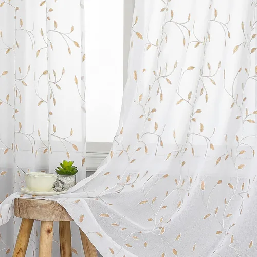 Vista 11 de VISIONTEX 2 paneles de cortinas traslúcidas de 63 in de largo, cortinas de gasa semitransparentes bordadas con hojas florales beige, bolsillo