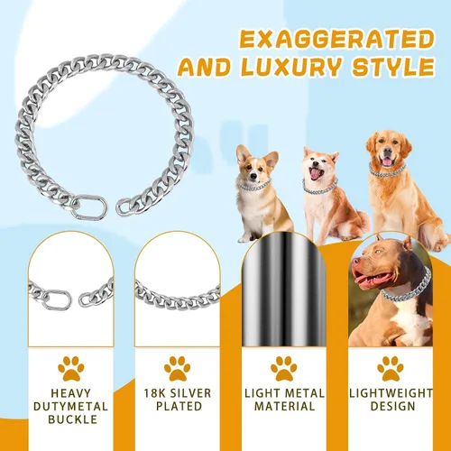 Vista 2 de BAOBOTE Collar de cadena de metal chapado en plata de 18 quilates de 0.748 in de grosor para perros (18 pulgadas plateado) Dog Chain Collar for