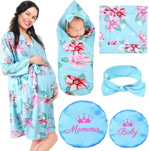 Vista 8 de Mepase 5 piezas de mamá y yo hospital a juego trajes de maternidad bata de envolver manta para bebé niña niños diadema sombrero para mamá bebé