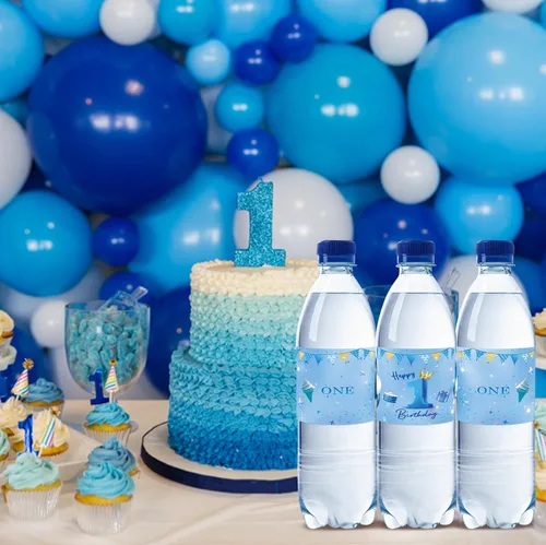 Vista 4 de 32 etiquetas azules para botellas de agua de primer cumpleaños, globos azules con purpurina para cumpleaños de un año, etiquetas para botellas