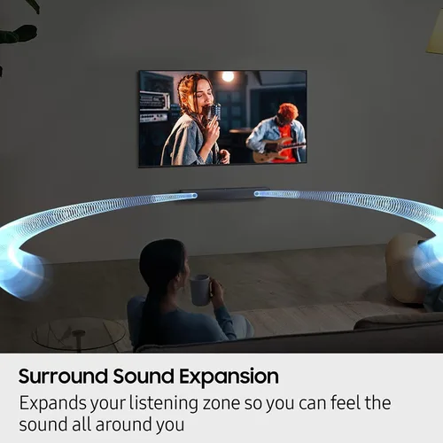 Vista 4 de Samsung Barra de sonido HW-B400F Serie B, 2.0 canales con woofer incorporado, mejora de voz y modo nocturno, expansión de sonido envolvente