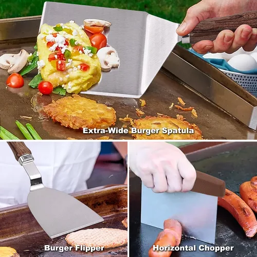 Vista 4 de ROMANTICIST Juego de 29 accesorios para plancha – Juego de espátula de teppanyaki con raspador, cubierta de hilvanado para chef de campamento
