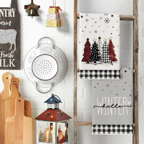 Vista 3 de Artoid Mode Toallas de cocina con estampado de búfalo Árboles de Navidad Camión de muñeco de nieve Feliz Navidad, Toallas de cocina y toallas