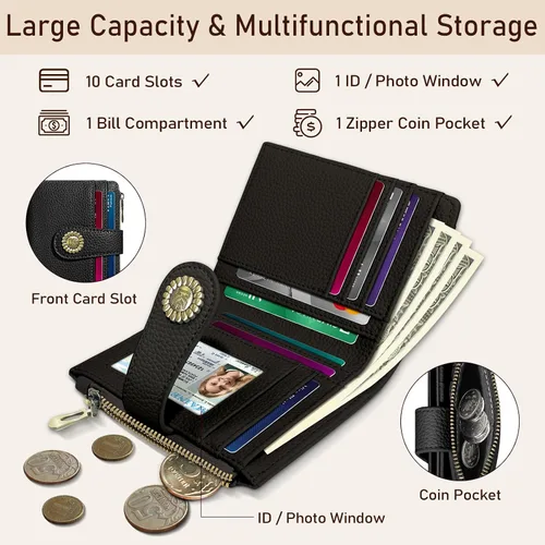 Vista 4 de Kelvoris Cartera pequeña Rfid para mujer, plegable, con cremallera, bolsillo para monedas, piel sintética, compacto, para tarjetas de crédito