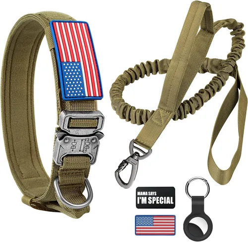 Vista 20 de Collar táctico para perro y correa elástica, juego de collar y correa militar para perro con bandera estadounidense de Estados Unidos, collar K9
