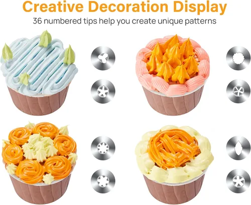 Vista 4 de Kootek Juego de 42 bolsas de pastelería y puntas, kits de suministros de decoración de pasteles para hornear con 36 puntas de glaseado numeradas, 2
