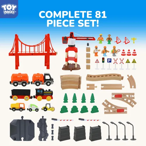 Vista 5 de TOY Life Juego de Tren de 81 Piezas con Grúa y Locomotora, Juguete de Tren de Madera, Vías de Tren de Madera para Niños Pequeños de 3, 4, 5 Años