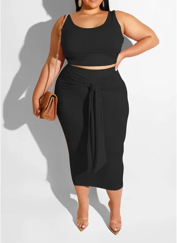 Vista 3 de Conjunto vestido a media pierna de 2 piezas de talla plus, conjunto de falda ajustada, top ajustado, estampado estilo hippy sin mangas