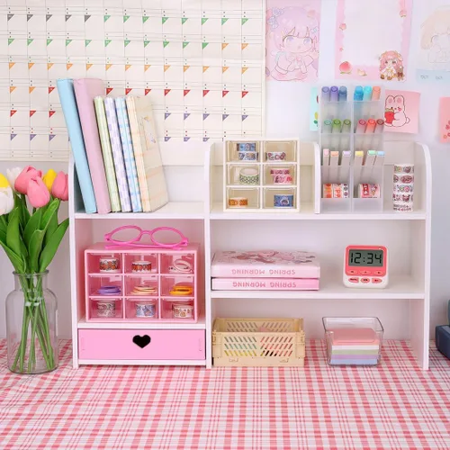 Vista 2 de Lindas estanterías para escritorio, organizador de escritorio Kawaii con cajón, organizadores de escritorio de oficina y accesorios, almacenamiento