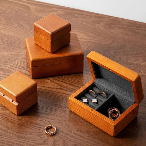 Vista 8 de Woodten Caja de anillo de boda de madera maciza Caja de anillo doble de madera cuadrada para propuesta