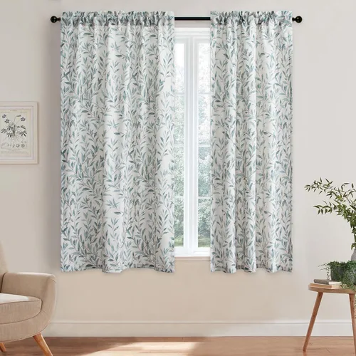 Vista 35 de VOGOL Cortinas con estampado de pájaros campestres, 30 x 24 pulgadas, 2 paneles, beige Linen Look Texture, Decorative Small Window Treatment