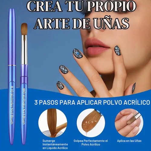 Vista 6 de Kolinsky - Brochas acrílicas para uñas 100% puras, punta ovalada prensada para polvo acrílico, mango de metal azul degradado, cepillo profesional