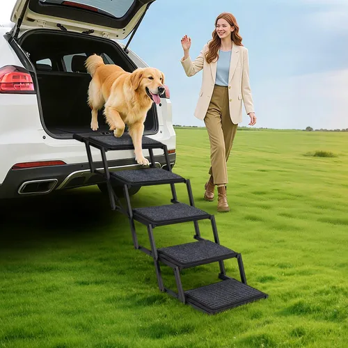 Vista 7 de Escaleras plegables para perros grandes, con superficie antideslizante, rampa ligera con capacidad para hasta 250 libras, 5 escalones