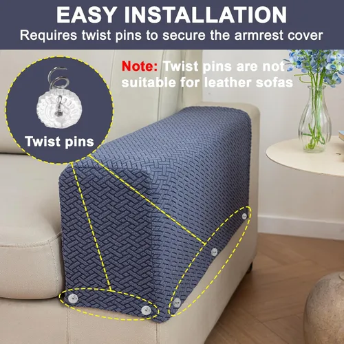 Vista 3 de Juego de 2 fundas de poliéster elásticas para reposabrazos de sofá reclinable, fundas protectoras con pasadores giratorios (azul, M)