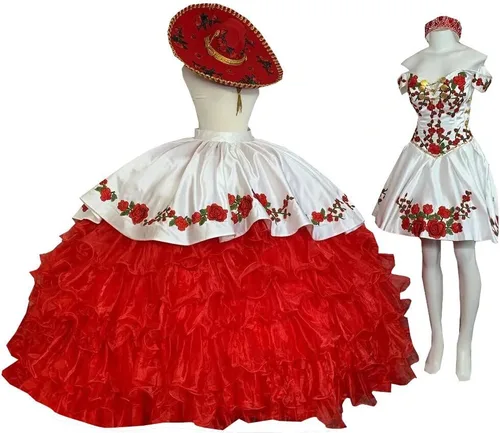 Vista 4 de Adorno dorado 2026 Flores africanas rojas bordadas 2 en 1 vestido de fiesta vestidos de quinceañera fuera del hombro baile de graduación dulce 15 16