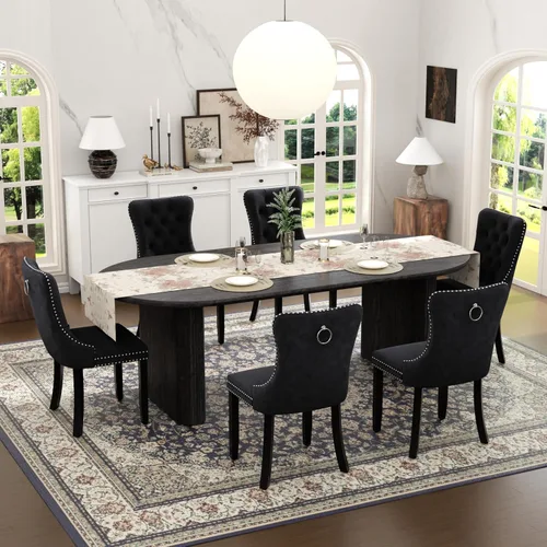 Vista 11 de Juego de mesa de comedor ovalada extensible con 4 sillas tapizadas de terciopelo de alta gama, mesa de cocina de 59 a 91 pulgadas y sillas