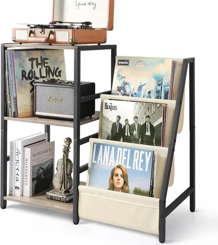 Vista 9 de Bikoney Soporte para Tocadiscos, Soporte para Tocadiscos con Almacenamiento de Discos de Vinilo de 3 Niveles, Mesa para Tocadiscos de Hasta 200