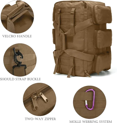 Vista 3 de 3 en 1 bolsa de lona militar 50L bolsa de gimnasio para hombres convertible mochila de fin de semana para deportes viajes baloncesto, 115L-Caqui