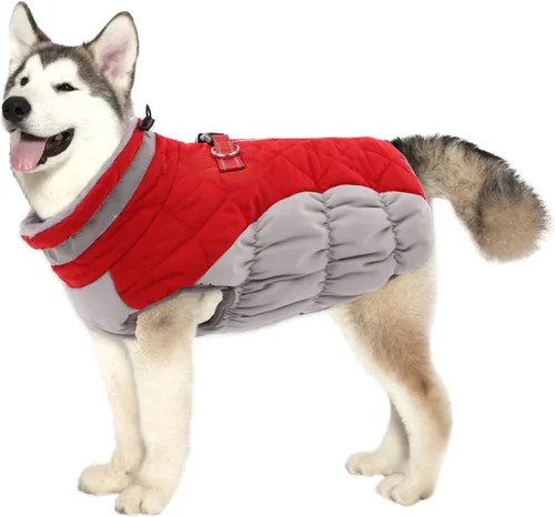 Vista 22 de Lelepet Abrigo cálido para perro, abrigo de invierno para perro, chaqueta impermeable para perros con arnés integrado reflectante de forro polar