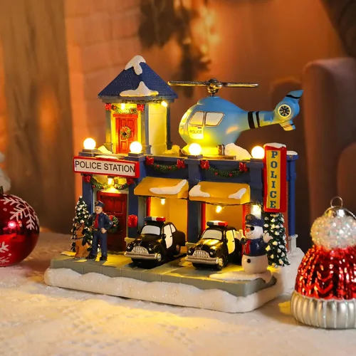 Vista 6 de WONDER GARDEN Casas de pueblo navideño, casas de Navidad, aldea - Estación de policía musical iluminada, edificios coleccionables con automóvil