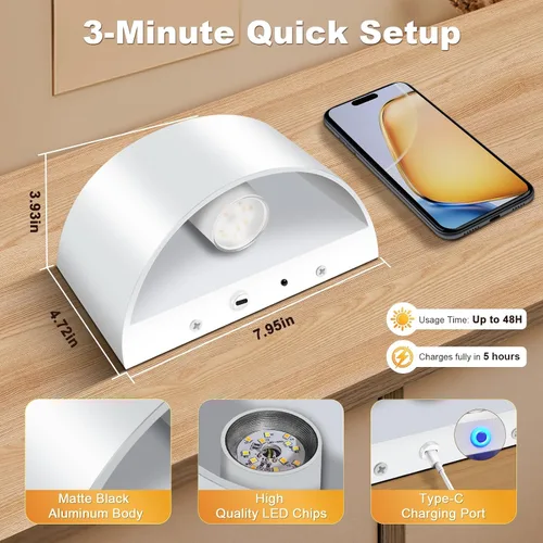 Vista 7 de Juego de 2 apliques de pared que funcionan con batería, luces de pared inalámbricas recargables blancas con control remoto inalámbrico y control