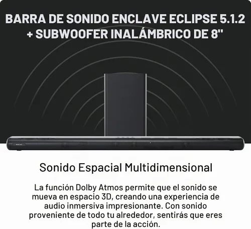 Vista 2 de Enclave Eclipse 5.1.2 Dolby Atmos Barra de sonido con subwoofer inalámbrico de 8 pulgadas, incluye 11 controladores personalizados y subwoofer de 8