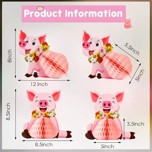 Vista 2 de Zonon 4 piezas de decoración de fiesta de cerdo Luau, centros de mesa de tejidos, cerdo rosa, animales de granja, decoraciones para cumpleaños