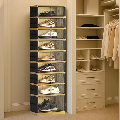 Vista 6 de SYNCVIBE Zapatero portátil organizador de 9 niveles 18 pares, armario plegable de zapatos, cajas plegables de almacenamiento de zapatos con puertas