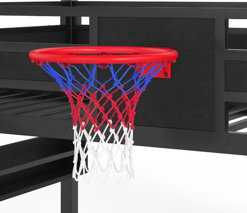 Vista 9 de Cama tipo loft de metal individual con estanterías deslizantes y de almacenamiento, marco de cama de metal resistente con aro de baloncesto, anillos
