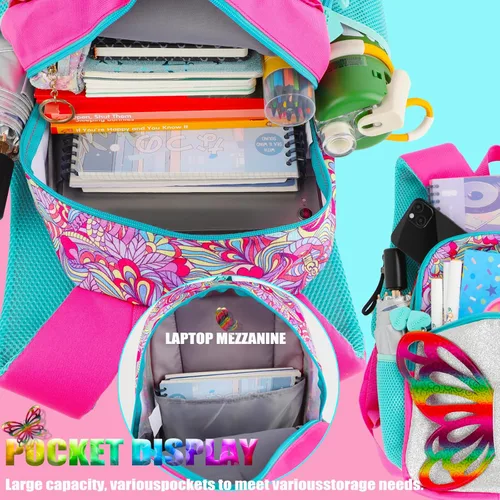 Vista 6 de Mochila con lentejuelas y alas de mariposa con bolsa de almuerzo para niñas, niños y adolescentes, juego de mochila escolar para preescolar, Rosado