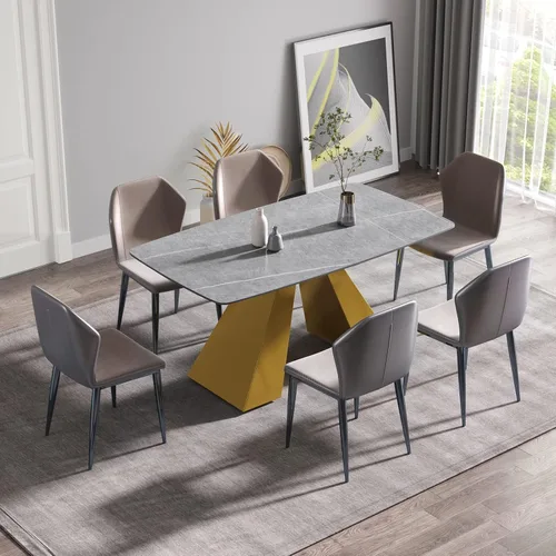 Vista 7 de Mesa de comedor moderna de 63 pulgadas, mesa de cocina rectangular con parte superior de piedra de mármol artificial y base de metal dorado, mesa