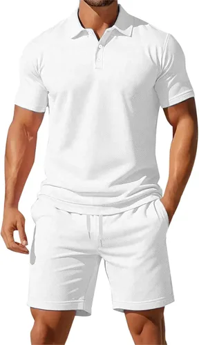 Vista 7 de Conjunto deportivo de 2 piezas para hombre, conjunto deportivo casual de polo y pantalones cortos, conjunto deportivo de verano, playa, talla grande